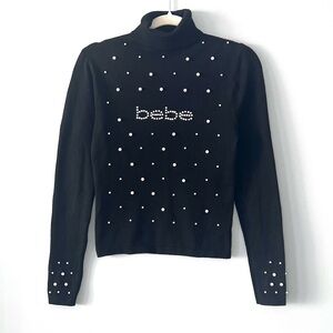 Y2K bebe Pearl Rhinestone Turtleneck Sweater | Black | Size M